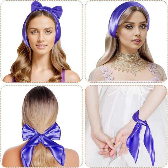 Women Purple Chiffon Square Ribbon Neck Scarf Satin Handkerchief For Halloween - Picture 3 of 7